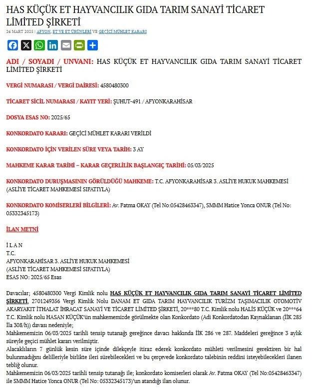 sucukta hile yapan has kucuk et hayvancilik gida tarim sanayi ticaret limited sirketi konkordato WXDjEKHI