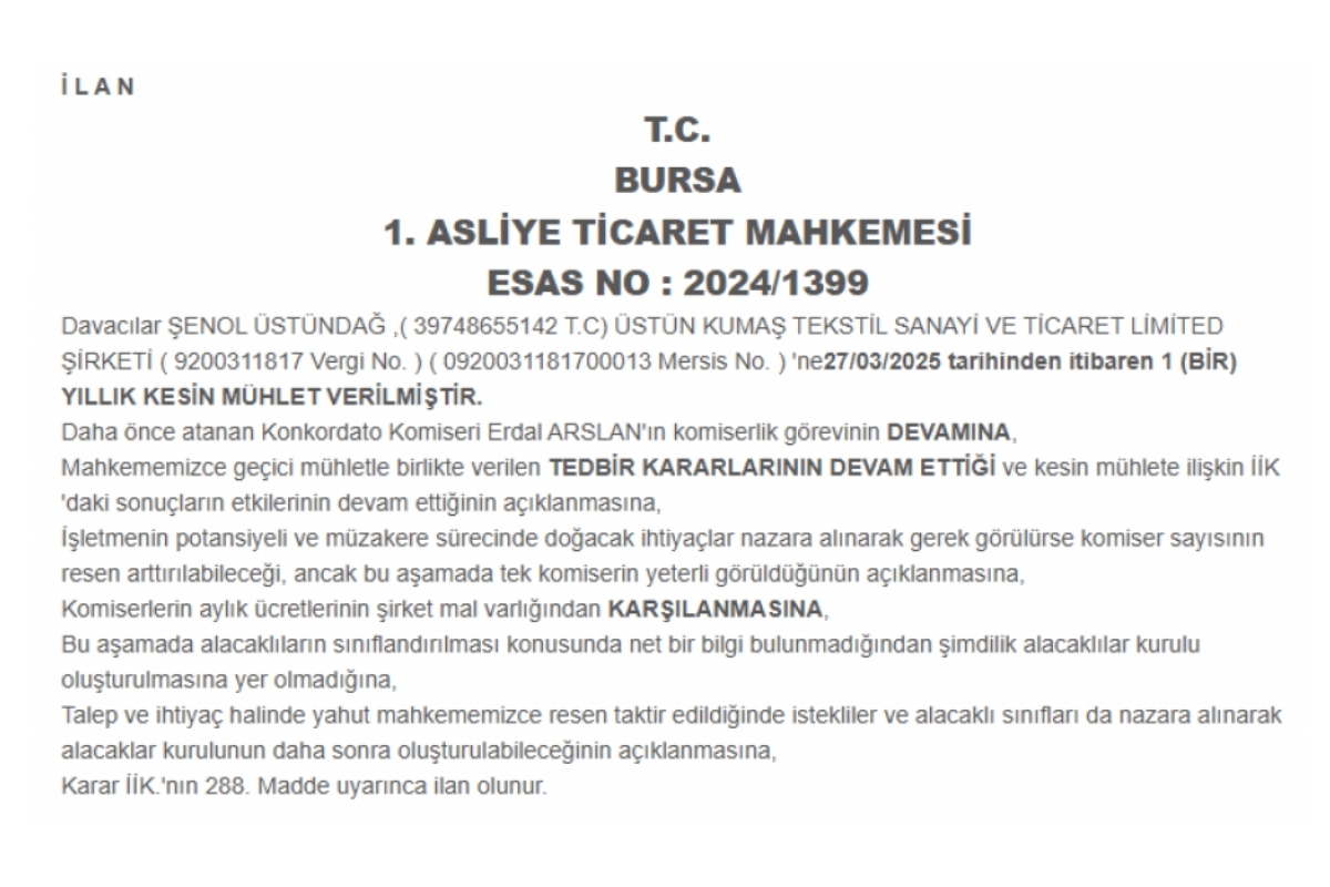 ustun kumas tekstil sanayi ve ticaret limited sirketi de konkordato ilan edenler arasina girdi imNvOCYq