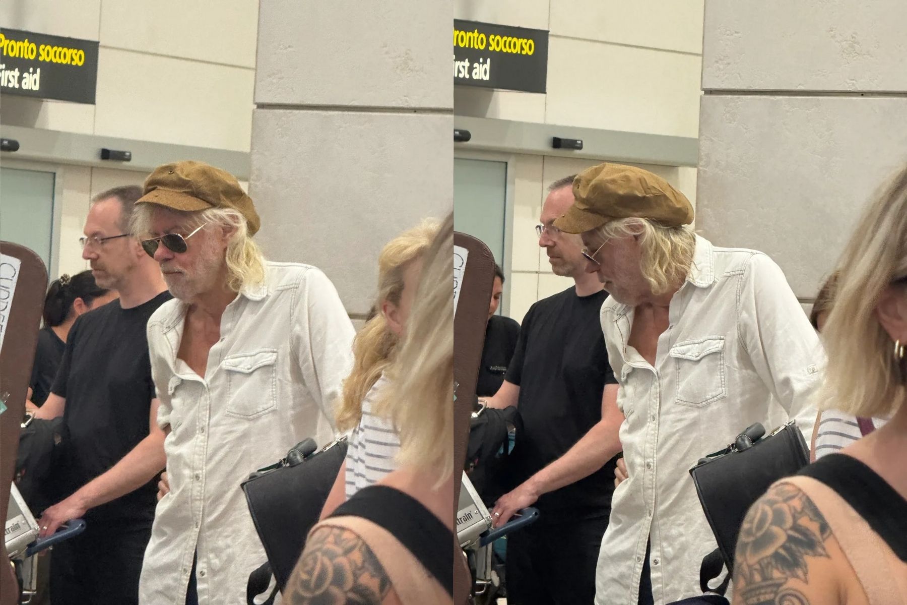 dunyaca unlu rock efsanesi bob geldof venedikte arkadaslariyla birlikte ucuz ucus icin kuyrukta beklerken M5ANEQqG