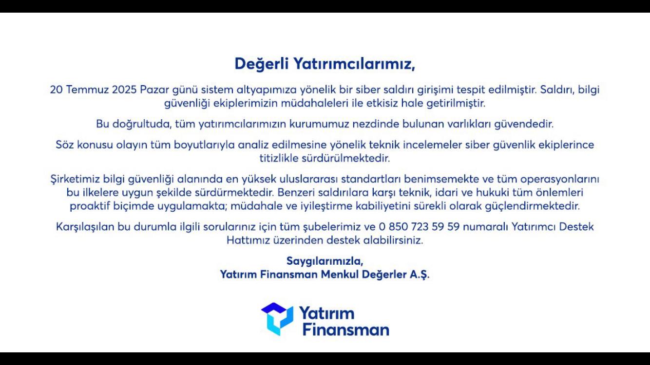yatirim finansman sistem altyapisina siber saldiri duzenlendigini ve saldirinin etkisiz hale getirildigini acikladi 0 uGkKMCDc