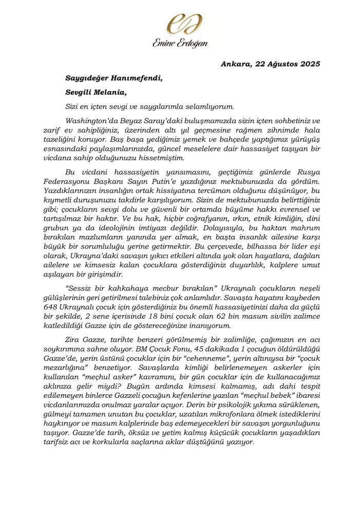 emine erdogandan melanie trumpa gazze mektubu 0 EVysfAsa